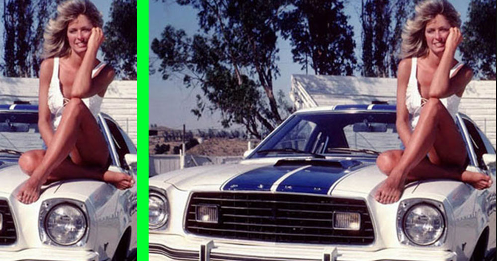 Spot All 5 Differences in this Classic Farrah Fawcett White Mustang Cobra Picture