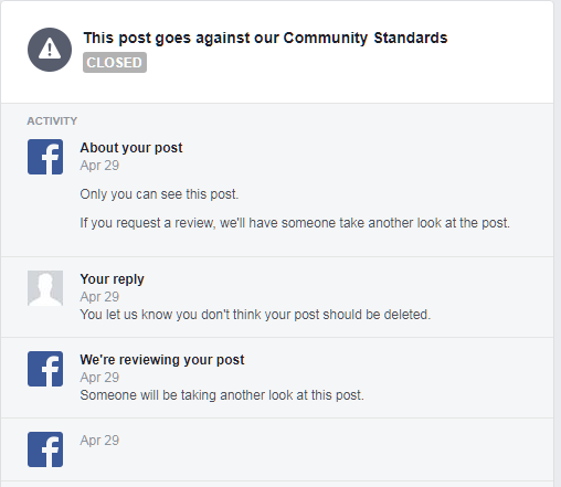 Facebook community guidelines notice