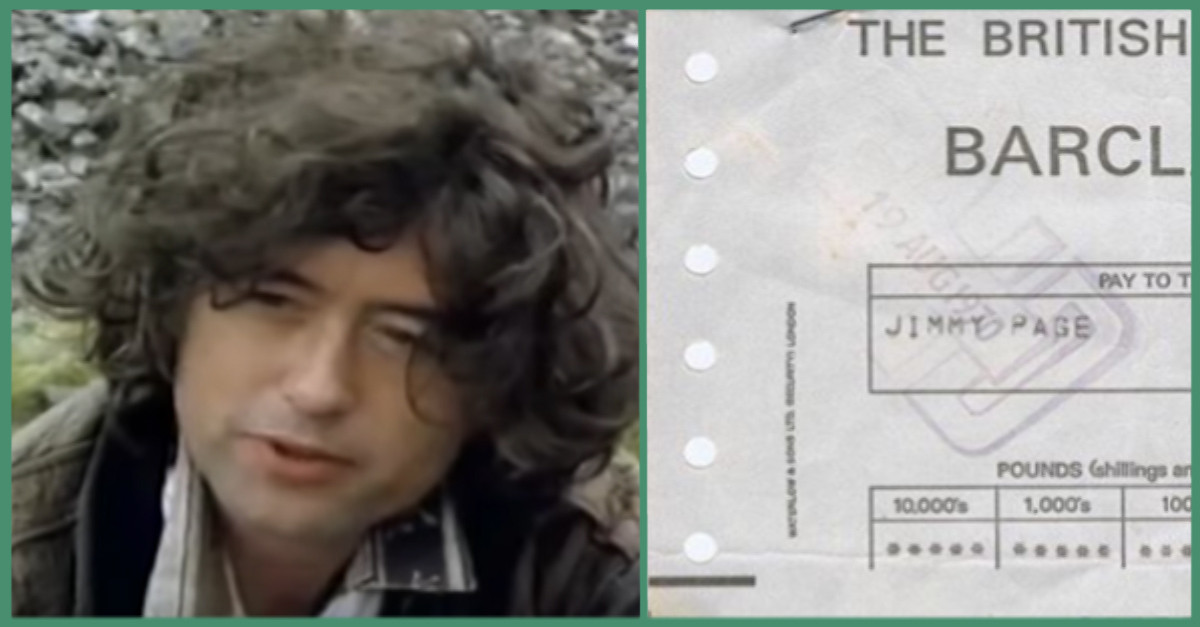 Jimmy Page next to a recent early paycheck he released.