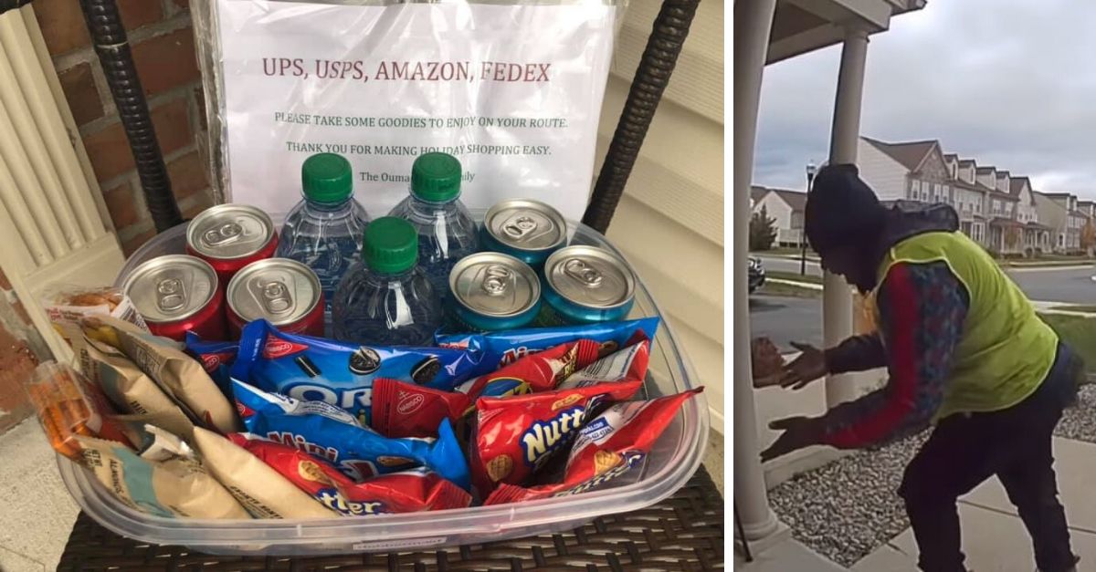 Amazon delivery driver does happy dance when he finds a basket of free snacks