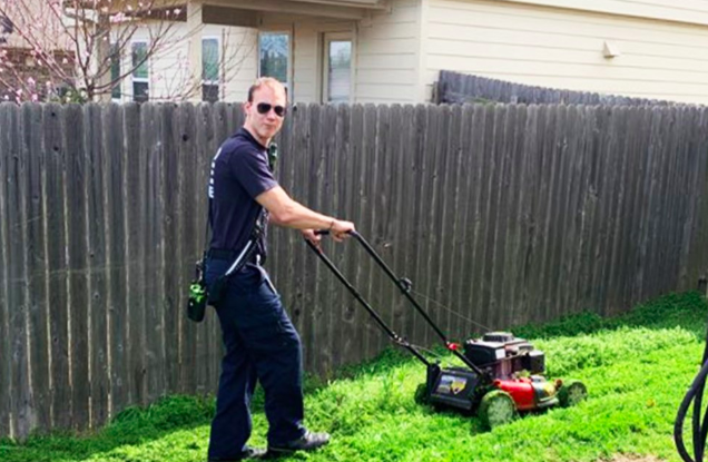 firefighters mow lawn for bryan palmer