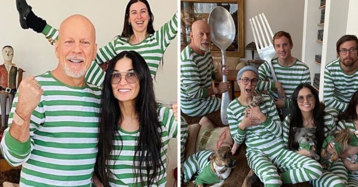 Demi Moore and Bruce Willis wearing matching pajamas